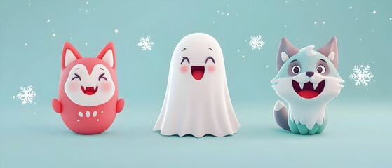 set of 3 Christmas characters in 3d clay design, including a Ghost, The floating ghost in white cloth, a cute Vampire, and a wolf with the silly face, adorable and festive