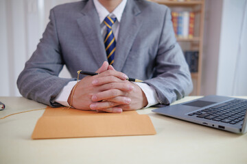 Lawyers sit inside the law office waiting to give advice to clients who need help with legal matters to prevent mistakes in business investment. Concept of receiving legal advice with team of lawyers.