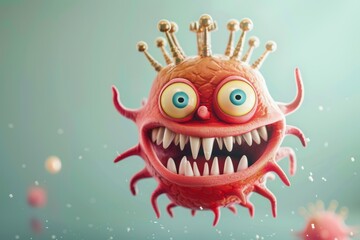 Naklejka premium Whimsical and delightful representation of friendly virus anthropomorphic pathogen friendly features and charm. Imagery serves playful allegory of common germs everyday life.