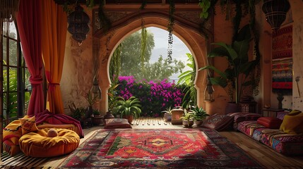 Moroccan-style bedroom featuring bold colors and detailed, exotic decor accents.