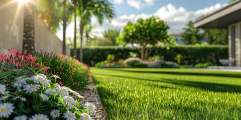 A flower bed, a neatly trimmed lawn in the garden in the sunlight. 