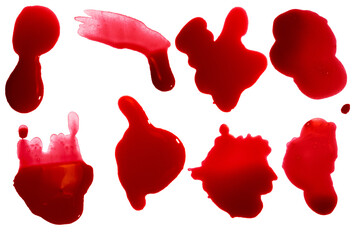 set of blood drops or stains on isolated blank background