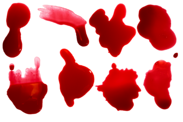 set of blood drops or stains on isolated blank background