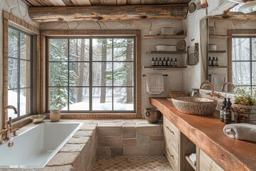 Obraz premium Rustic Bathroom A rustic bathroom with wooden beams, a stone sink, and copper fixtures. Include a large mirror and natural light