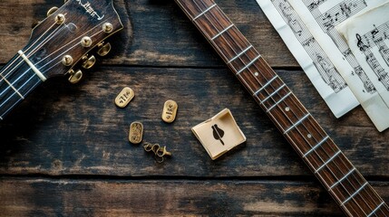 A beautiful flat lay of musical accessories including guitar picks, a capo, and sheet music, arranged creatively on a wooden surface.