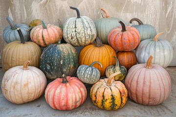 Collection of handmade plaster pumkins. Banner for autumn seasonal holidays background. DIY craft pumkins for helloween, thanksgiving, fall decoration	