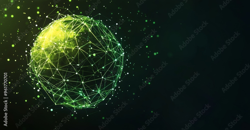 Poster An abstract green yellow sphere background made up of lines and dots. Blend mode 4K, FUI element. geometric backdrop from abstract molecules.