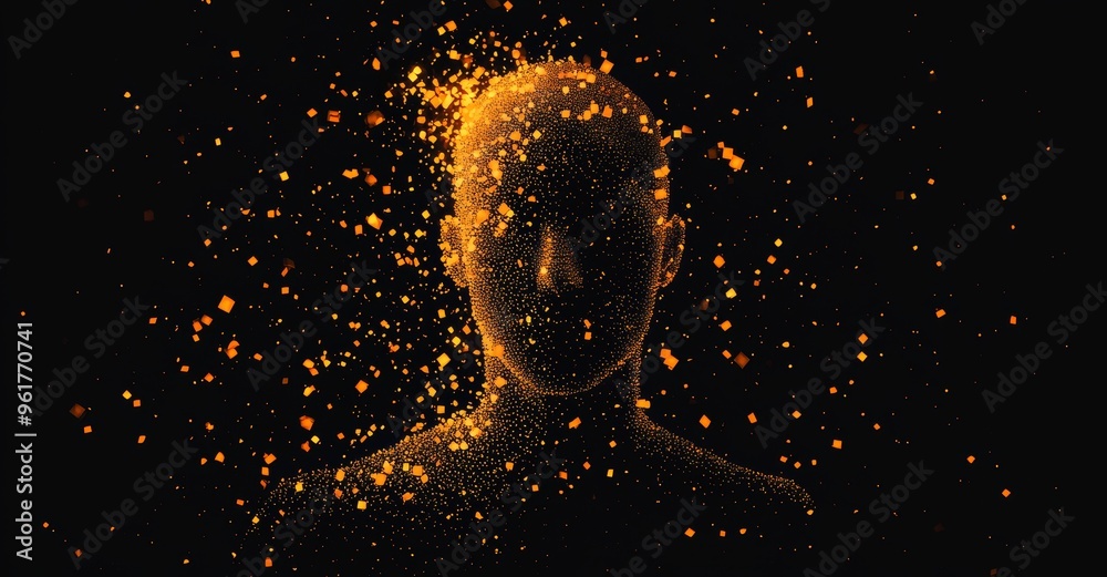 Leinwandbilder An image of an orange neon human figure with a technology background made up of dots and particles. Blend mode, FUI element. 3D image in the metaverse.