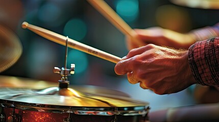 Naklejka premium A close-up of a drummers hands gripping drumsticks mid-performance, with motion blur emphasizing the rhythm and energy of the beat.