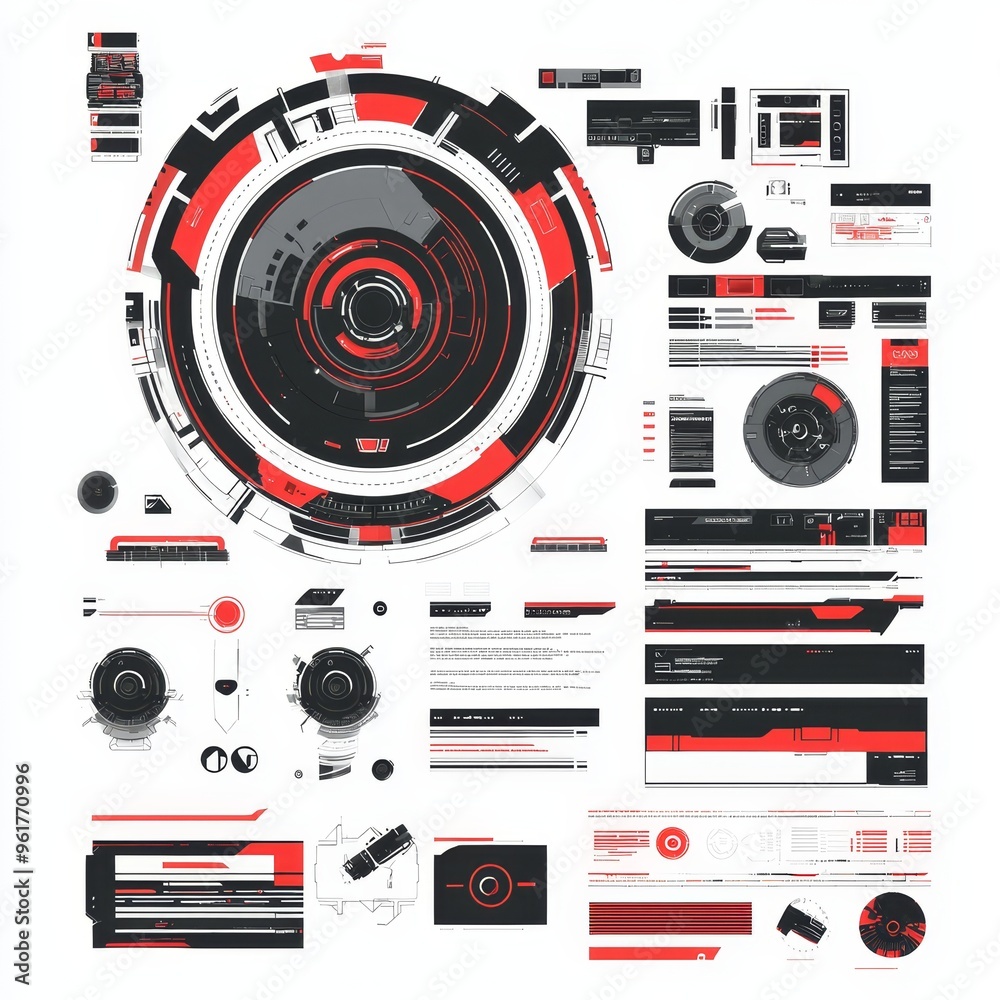 Poster FUI circle set, loading bars, lines, and arrows in HUD style.