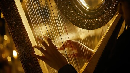 A close-up of a harp players hands plucking the strings during a delicate performance, with the golden harp glistening under the lights.