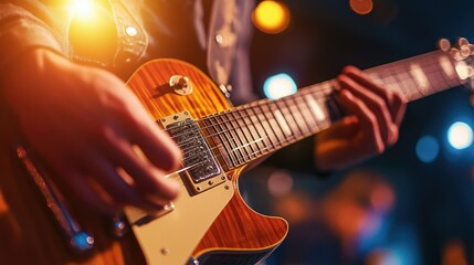 Obraz premium A close-up of an electric guitar's strings and fretboard, with a musician's hand in focus playing a fast solo, and stage lights in the background.