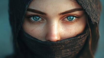Fototapeta premium A close-up portrait of a woman with striking blue eyes, partially covered by fabric, conveying mystery and elegance.