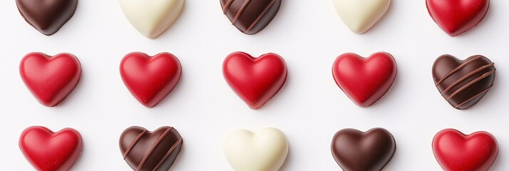 Fototapeta premium An assortment of heart-shaped chocolates in red, white, and dark colors against a white backdrop.