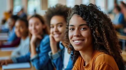 Obraz premium A group of young women are sitting in a classroom, smiling