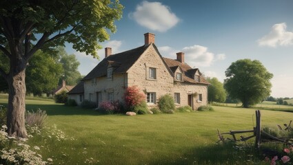Obraz premium A cozy stone village house on a grass field. Rural beautiful landscape with flowers and trees. Evening sky with clouds. Relaxing scene.