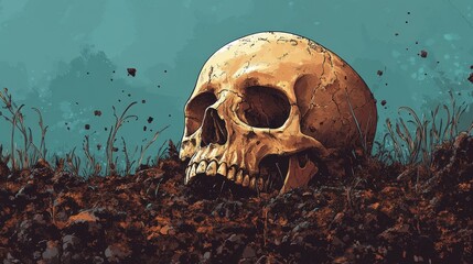 Skull half-buried in soil, nature reclaiming death, flat design illustration