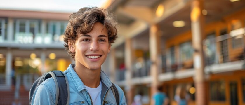A young man with a backpack and a smile on his face