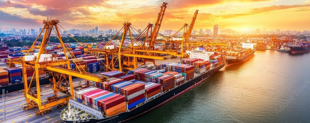 Fototapete global cargo freight shipping logistic and transportation concept. container ship offloading cargo b