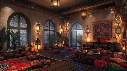 Obraz premium Moroccan-inspired bedroom with vibrant colors and intricate, exotic decor patterns. 