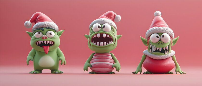 set of 3 Christmas characters in 3d clay design, including a Zombie, a Goblin with the silly face, and an cute Ogre, adorable and festive, isolated on a clean background,