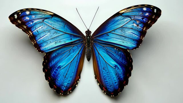 Blue morpho butterfly on white background, close-up view. Nature and wildlife concept