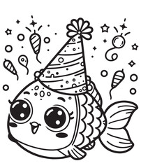 Fish wearing birthday hat kid coloring page design 