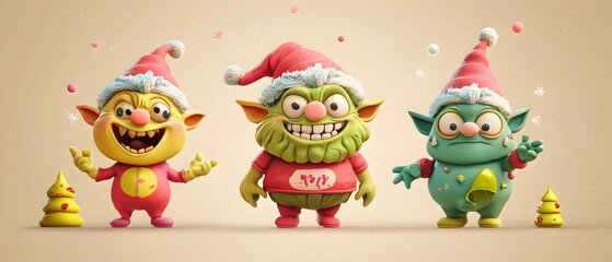 set of 3 Christmas characters in 3d clay design, including a Zombie, a Goblin with the silly face, and an cute Ogre, adorable and festive, isolated on a clean background,