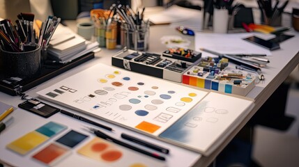 Naklejka premium A designers sketchbook filled with initial drafts of a logo, alongside color palettes and design tools spread out on a clean workspace.