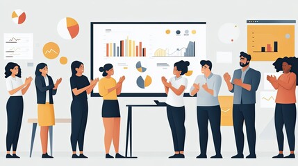 A diverse group of coworkers standing in a meeting room, applauding as their leader announces a successful year, with charts and graphs on the screen.