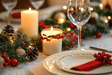 Warm Candlelight Illuminates Festive Christmas Table Setting