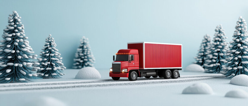 Christmas delivery trucks navigating snowy roads, Cyber Monday signs glowing, 3D illustration