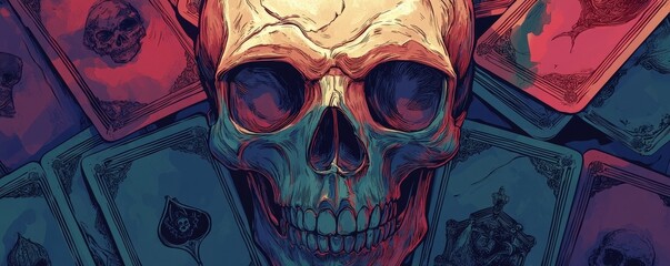 Skull with tarot cards, death card theme, flat design illustration