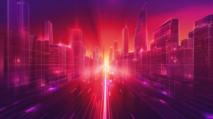 Fototapeta premium Neon Cityscape with a Highway Leading Towards the Horizon