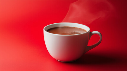 Cup of hot chocolate with smoke on a red background.
