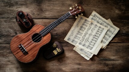 Fototapeta premium A flat lay of a ukulele, guitar tuner, and sheet music, placed creatively on a wooden surface with soft natural lighting.