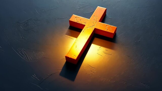 Orange cross on textured dark surface with warm light, religious symbol and spirituality concept