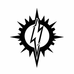 Black and White Illustration of a Lightning Bolt Inside a Gear with a Spiky Sunburst Around It