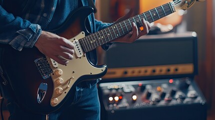 Obraz premium A guitarist tuning the strings of an electric guitar, with a pedalboard and amplifier visible in the background in a studio setting.