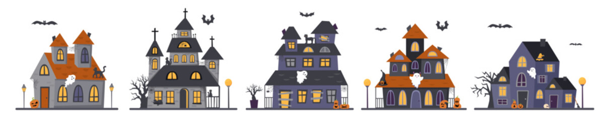 Set of Halloween houses isolated on white background. Halloween concept. Halloween elements.