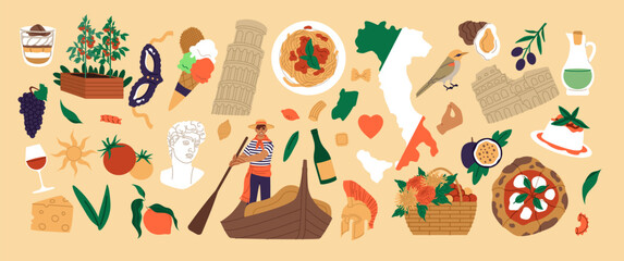 Italian food. European culture. Italy travel clipart. Pisa tower. Gelato and tomato pizza. Pasta plate. Wine bottle. Olive oil. Rome Coliseum. Venice gondolier. Tourism attraction icons vector set