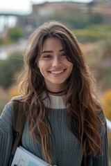 Fototapeta premium A woman with long brown hair is smiling and holding a book