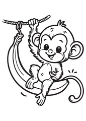 Monkey and banana fruit kid coloring page 