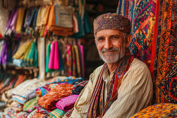 Fototapeta premium A Warm Smile Amidst Vibrant Hues: A Fabric Merchant in a Bustling Bazaar.