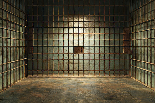 A solitary, empty jail cell, its rusty bars casting long shadows on the concrete floor. A sense of confinement and solitude permeates the atmosphere.