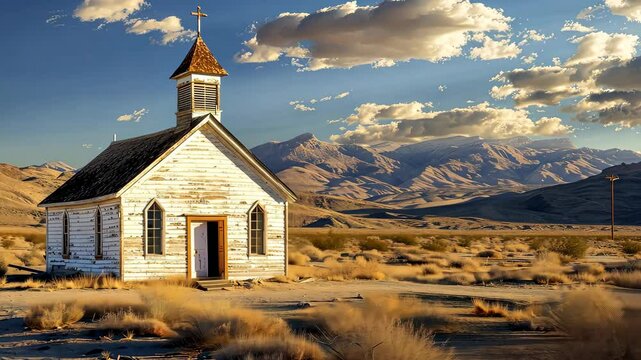 Abandoned church in desert landscape, beautiful sunset. Solitude and exploration concept