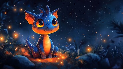 Fototapeta premium A Cute Blue Dragon Sitting in a Forest Under a Starry Night Sky.