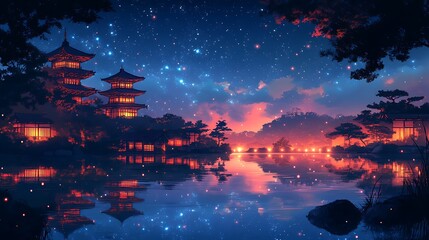 Nighttime Reflection of Japanese Temple with Starry Sky.