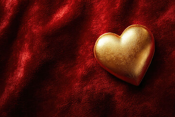 Fototapeta premium A shimmering golden heart rests upon a plush red velvet backdrop, radiating warmth and love. It's a timeless symbol of affection, a gesture of pure heart.