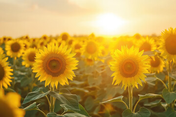 Sun-Kissed Dreams: Golden Sunflowers Bloom Under a Warm Sunset Sky